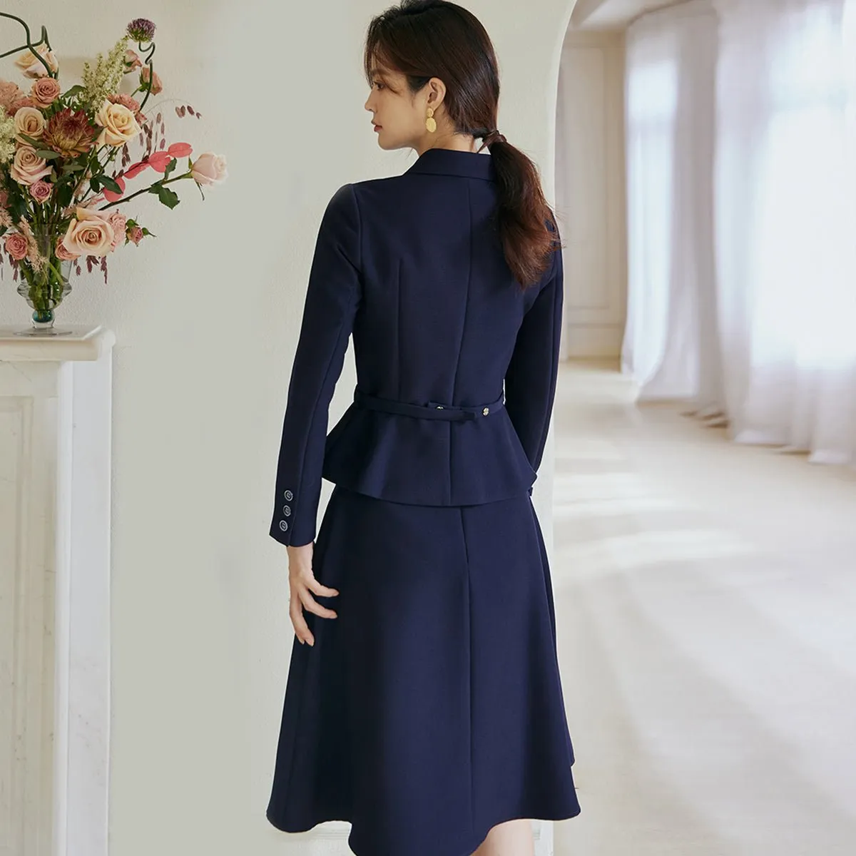 Navy Two Piece Suit Skirt Set with a Detachable Belt