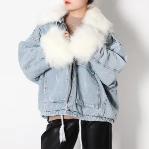 New Parka Loose Denim Oversized Fur Collar Fleece padded Jacket