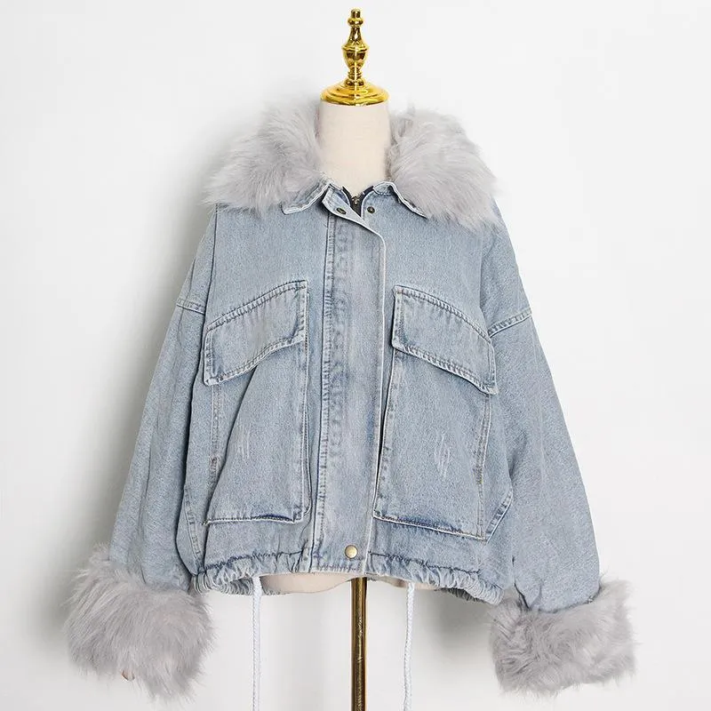 New Parka Loose Denim Oversized Fur Collar Fleece padded Jacket