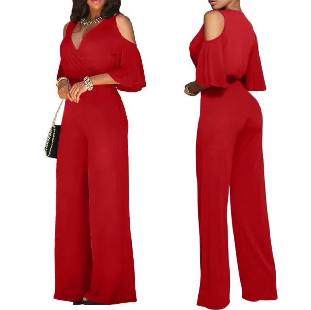 Off Shoulder Flare Sleeve Wide Leg Pants Jumpsuit Elegant Loose Romper