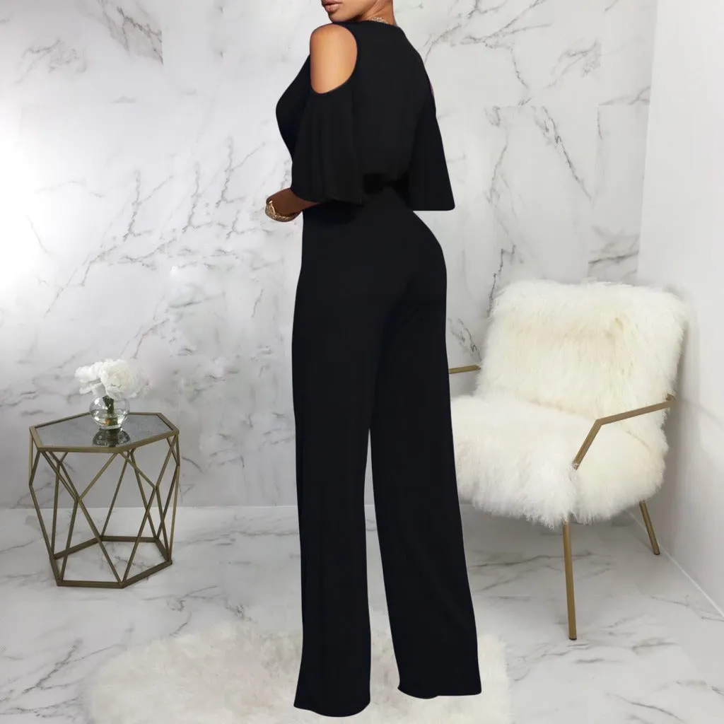 Off Shoulder Flare Sleeve Wide Leg Pants Jumpsuit Elegant Loose Romper