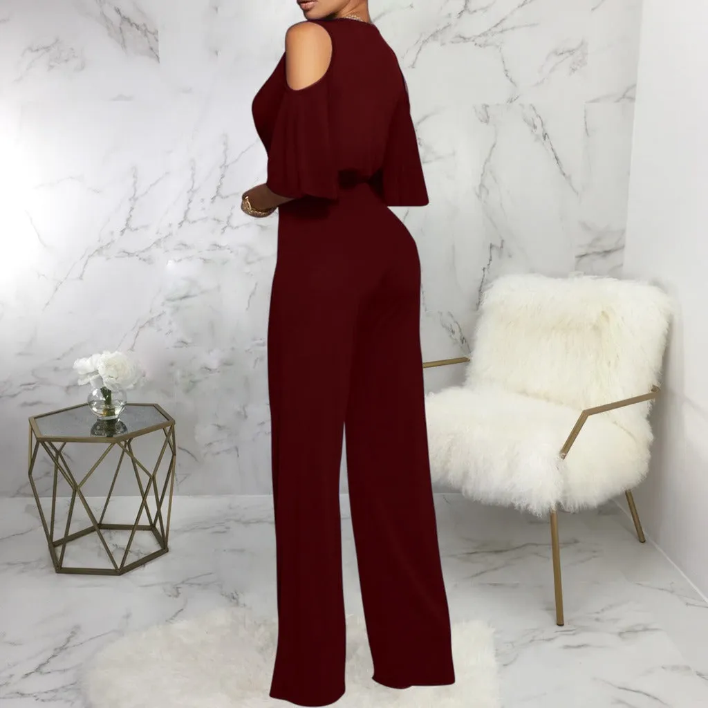 Off Shoulder Flare Sleeve Wide Leg Pants Jumpsuit Elegant Loose Romper