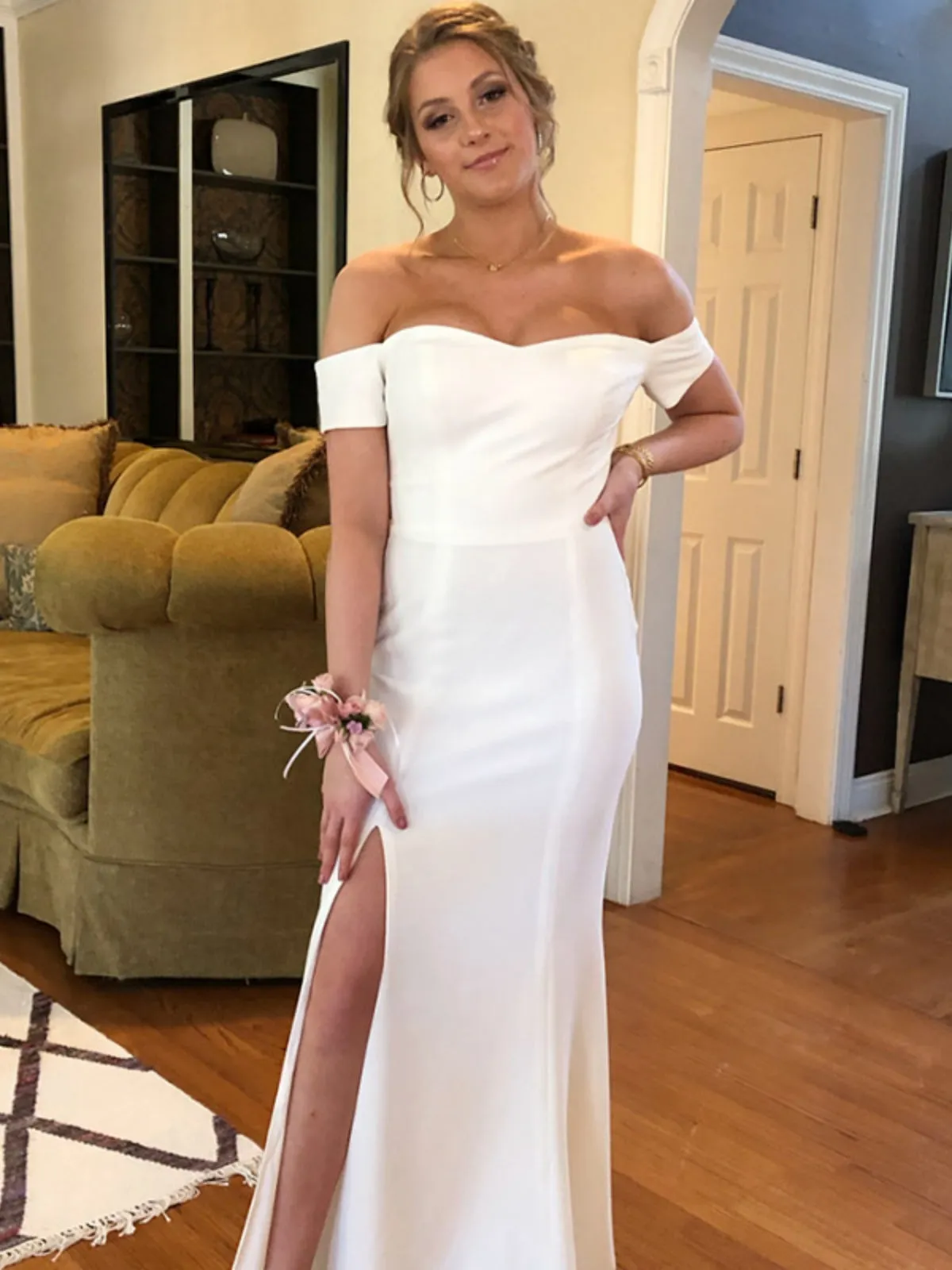 Off Shoulder Mermaid White Long Prom Dresses with High Slit, Mermaid White Formal Dresses, White Evening Dresses