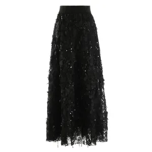 Patchwork Mesh Tassle Skirts For Women High Waist A Line Elegant Sequins Skirt Female Summer Fashion Clothing