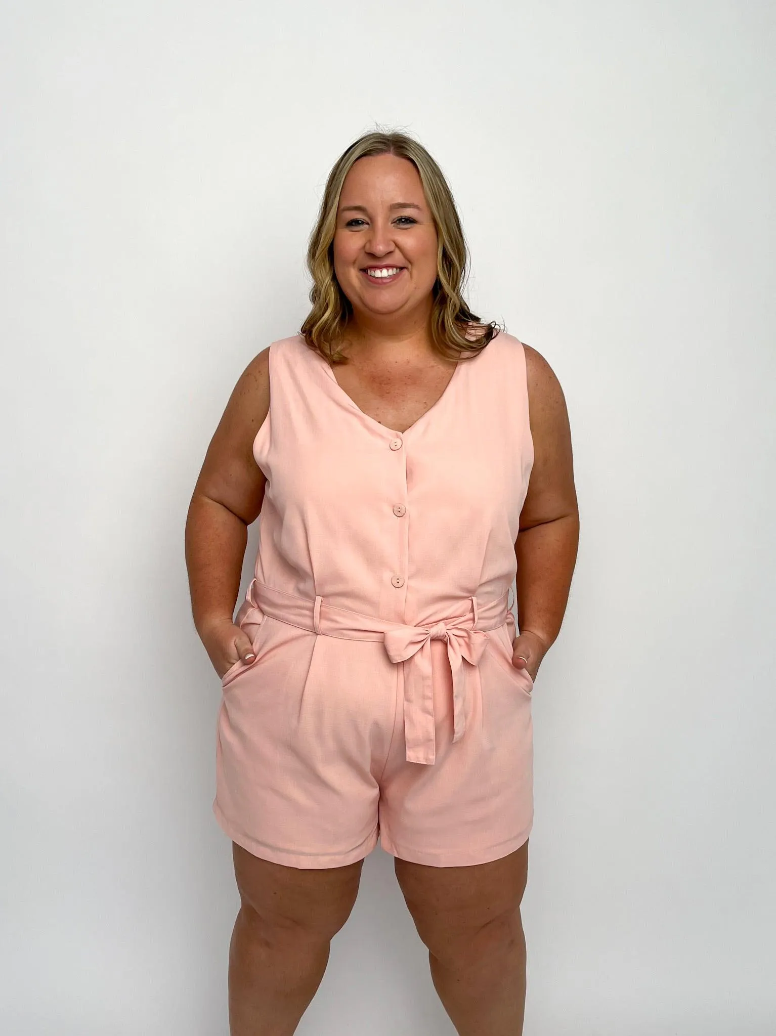 Peach Sleeveless Belted Romper