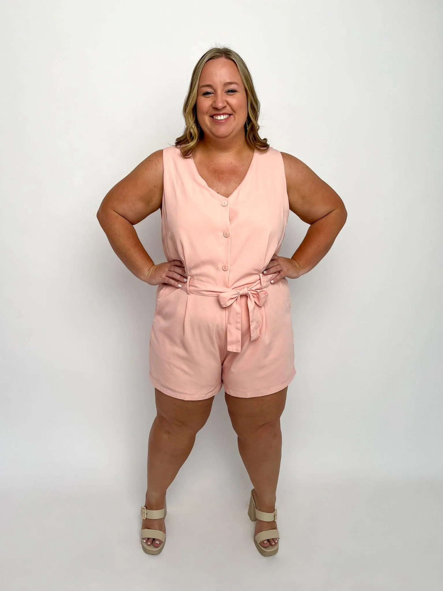 Peach Sleeveless Belted Romper