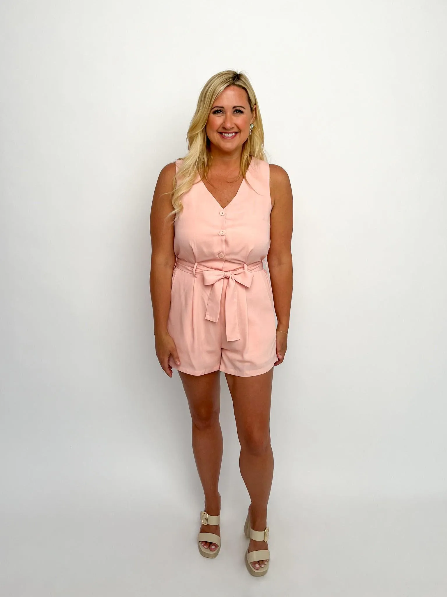 Peach Sleeveless Belted Romper