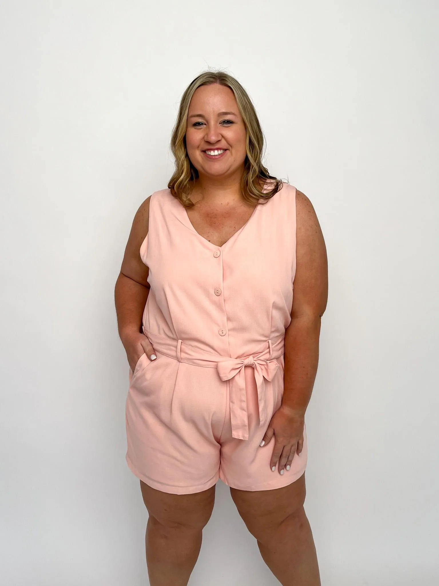 Peach Sleeveless Belted Romper