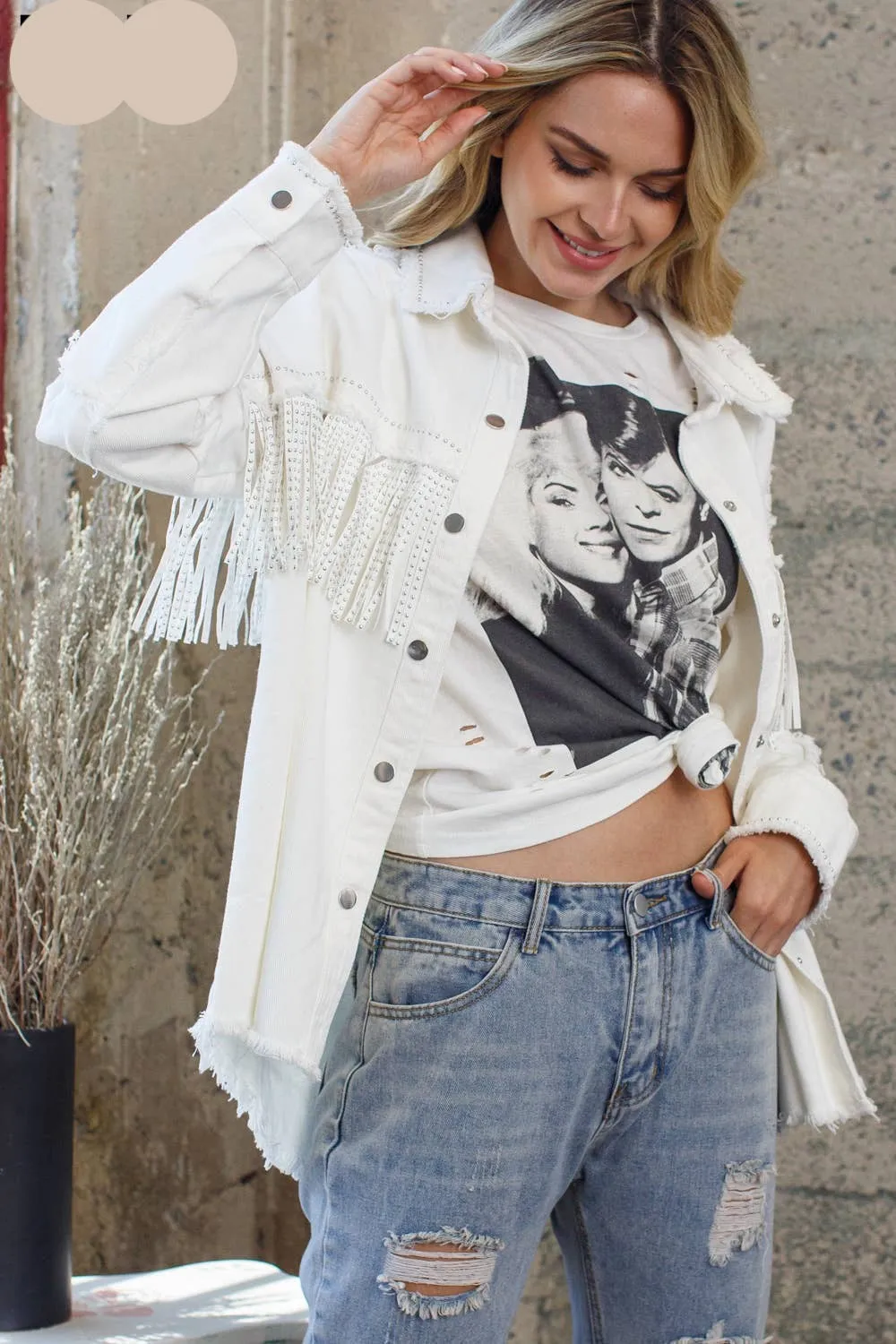 Plus Rhinestoned Cowgirl Fringe Jacket- White