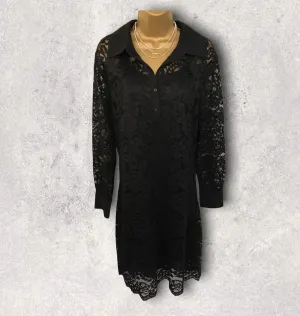 Pomodoro Black Lace Long Sleeved Shirt Dress UK 14 US 10 EU 42