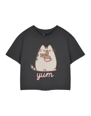 Pusheen Yum Noodles Womens Grey Cropped Short Sleeved T-Shirt