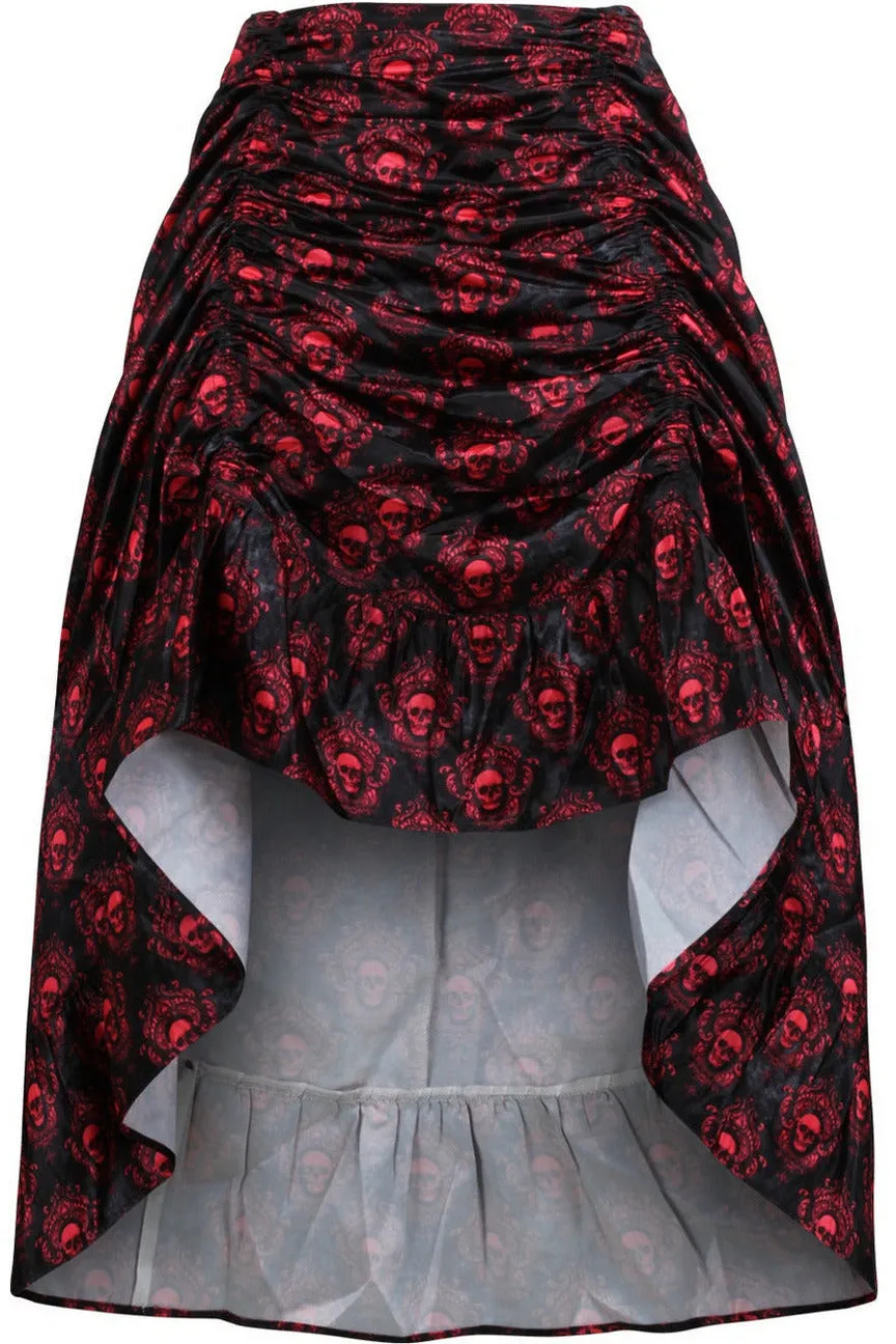 Red & Black Skull Satin Adjustable High Low Skirt