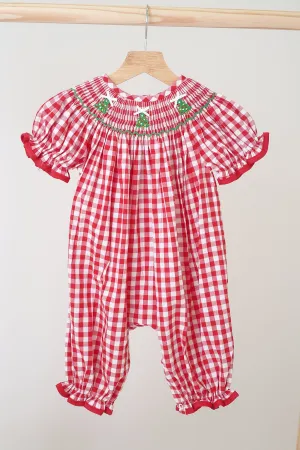 Red christmas tree hand smocked gingham romper