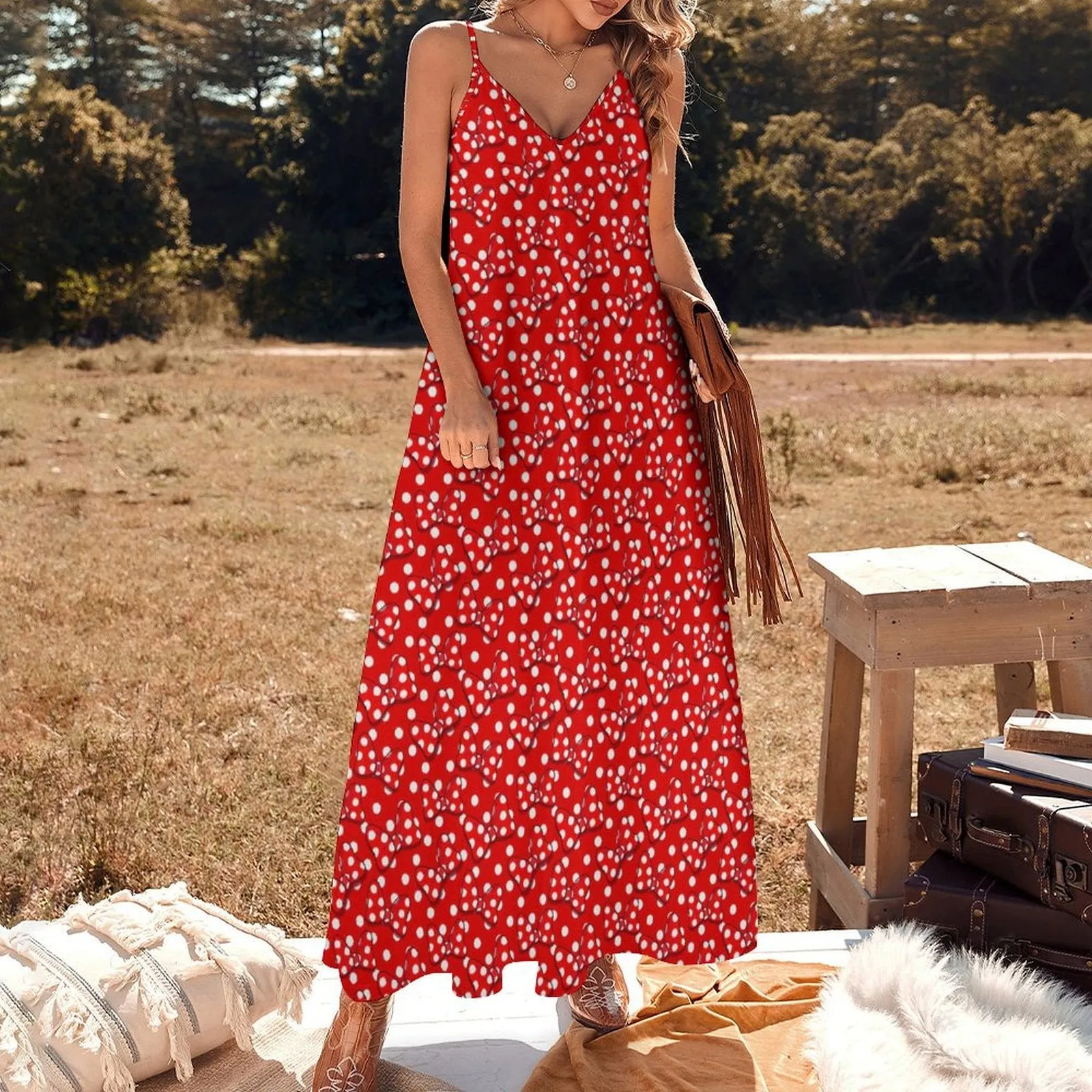 Red With White Polka Dots Women's Summer Slip Long Dress