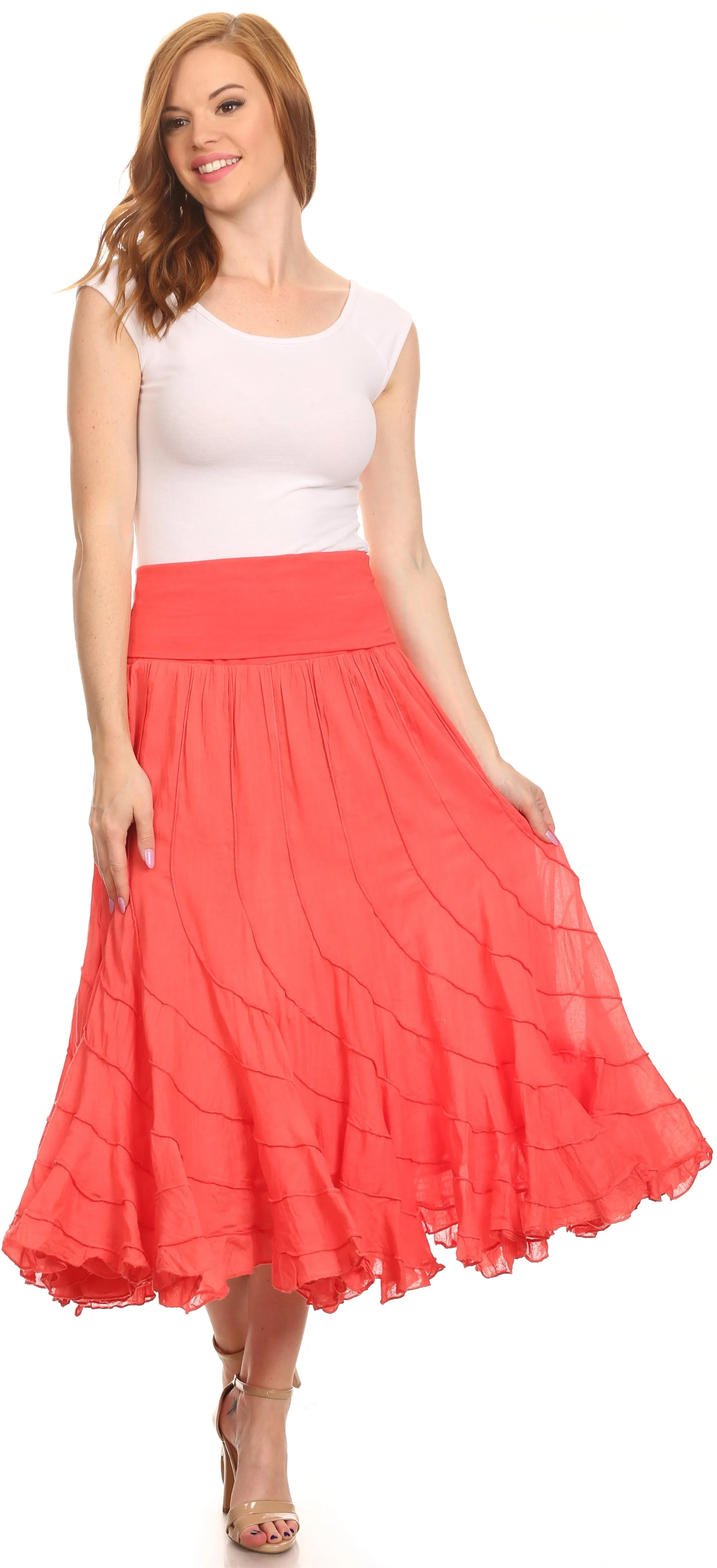 Sakkas Lika Long Ruffle Paneled Fold Over Adjustable High Waist Batik Flare Skirt