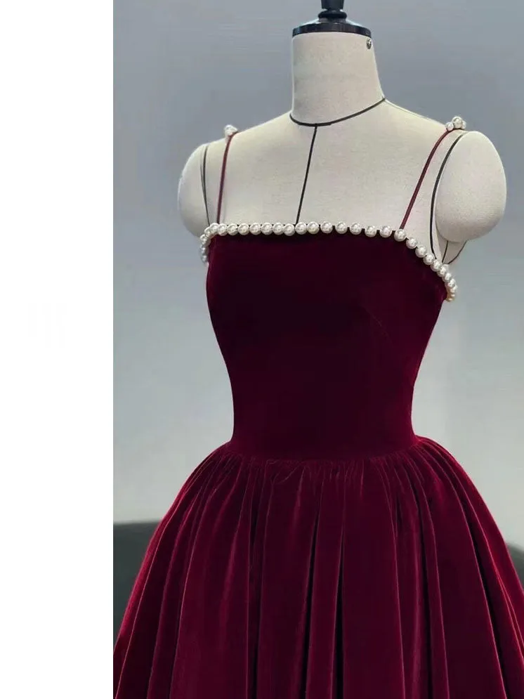 Simple burgundy tea length prom dress burgundy homecoming dress