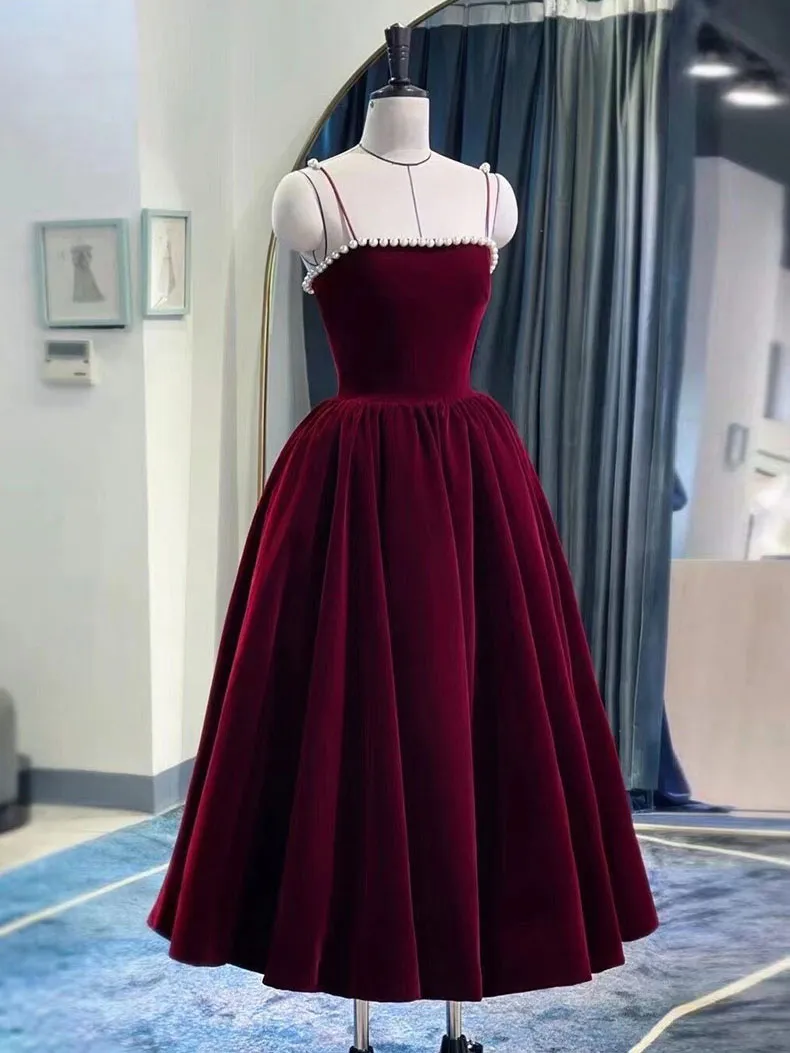 Simple burgundy tea length prom dress burgundy homecoming dress