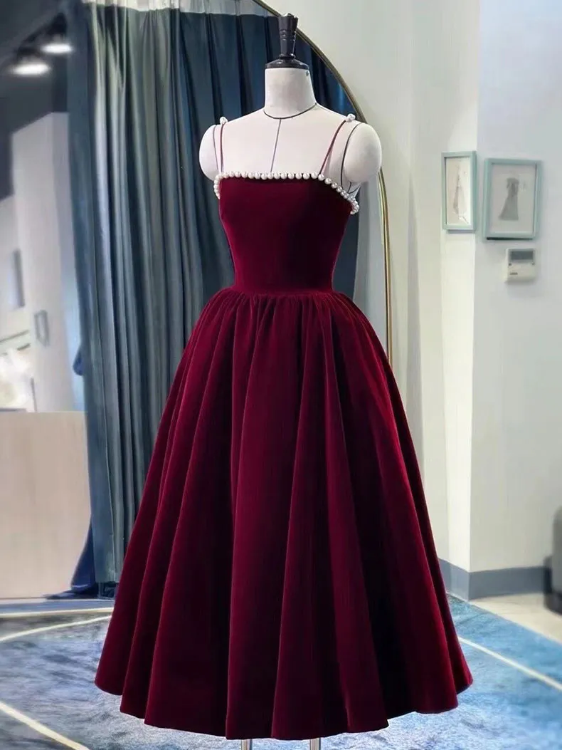 Simple burgundy tea length prom dress burgundy homecoming dress