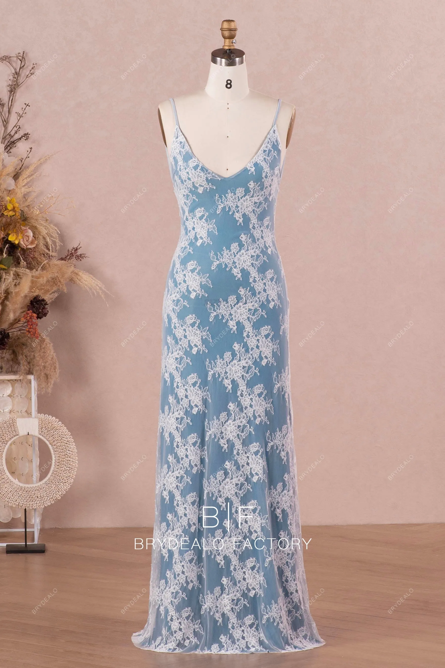 Simple Thin Straps Scoop Neck Peacock Lace Sheath Bridal Slip Dress