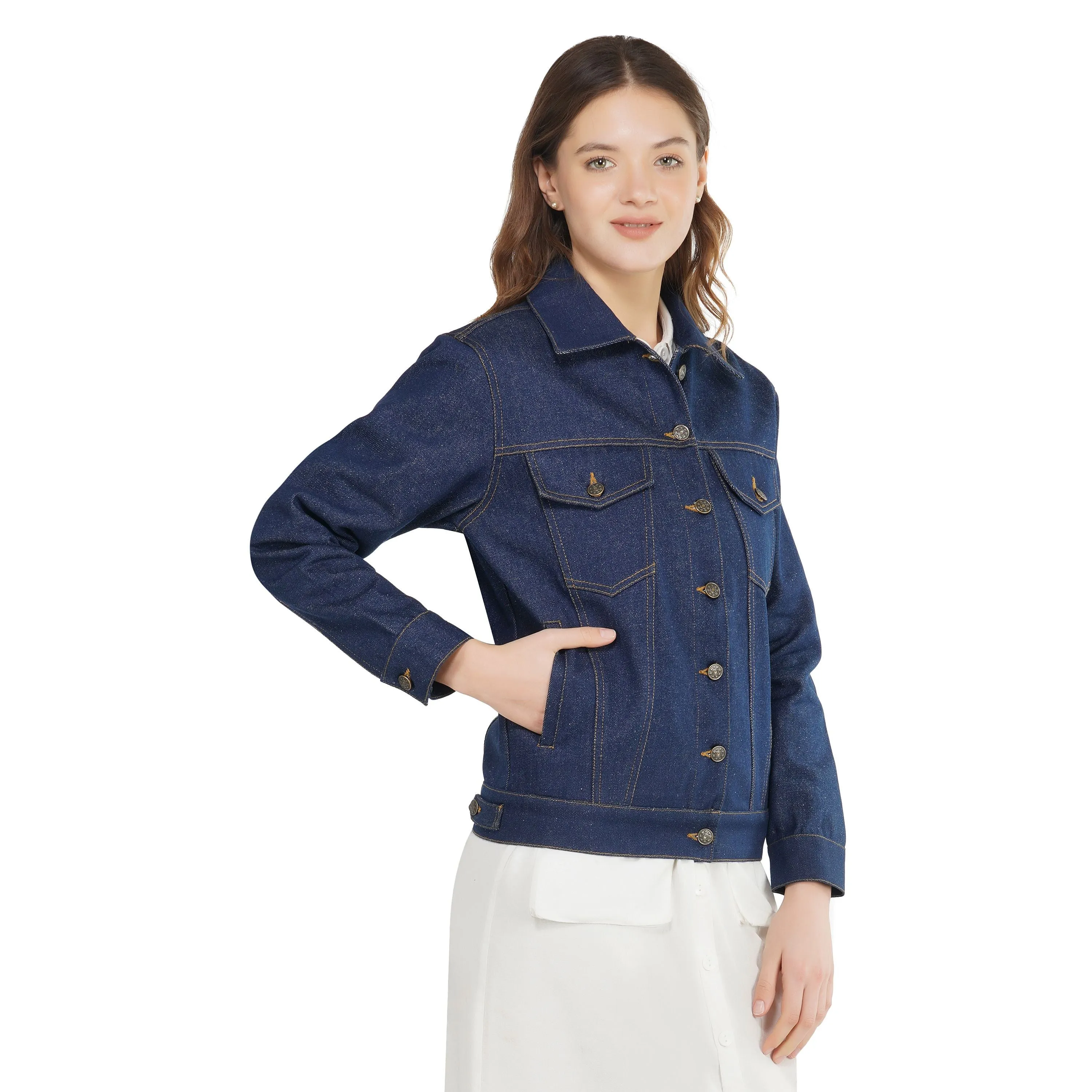 SLAY. Women's Solid Navy Blue Vintage Denim Jacket