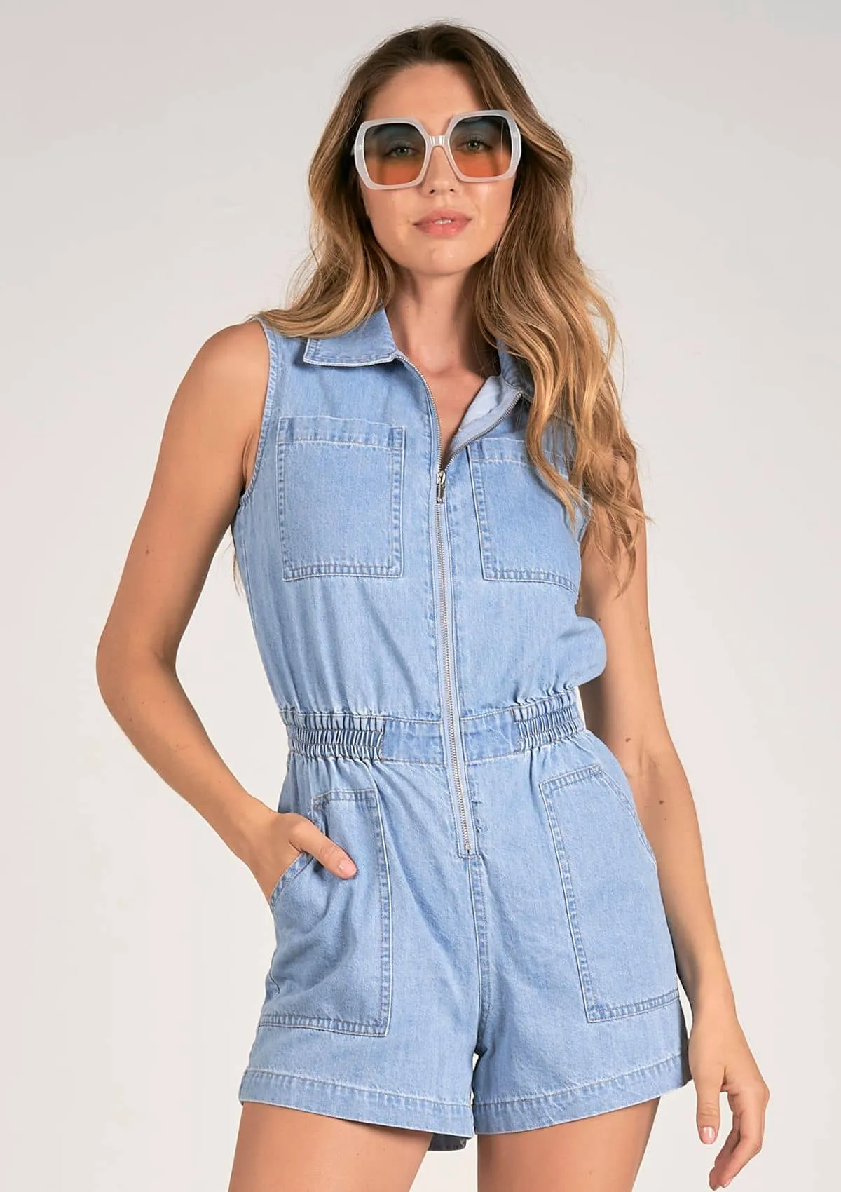 Sleeveless Collared Romper - Blue Wash