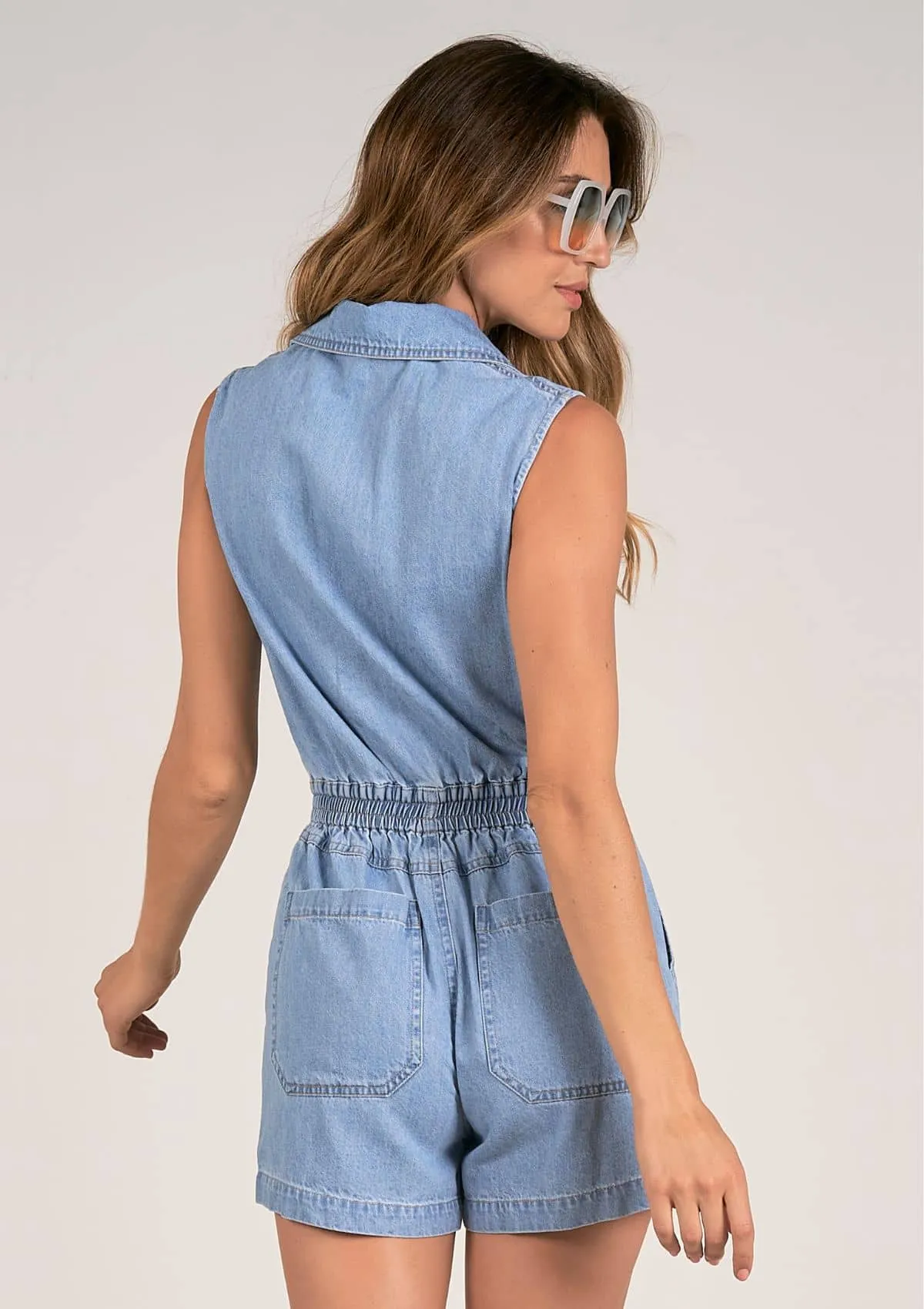 Sleeveless Collared Romper - Blue Wash