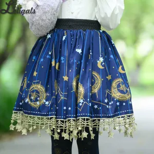 Sweet Short Skirt Navy Blue Moon Printed A line Lolita Skirt w. Tassels