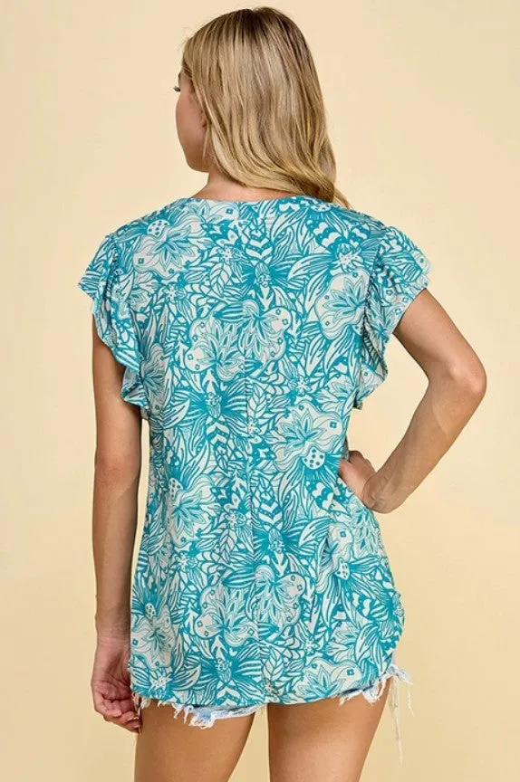 Teal Floral Top w/Ruffle Sleeves - #6417-6422