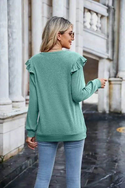 TEEK - Ruffled Shoulder Heathered V-Neck T-Shirt