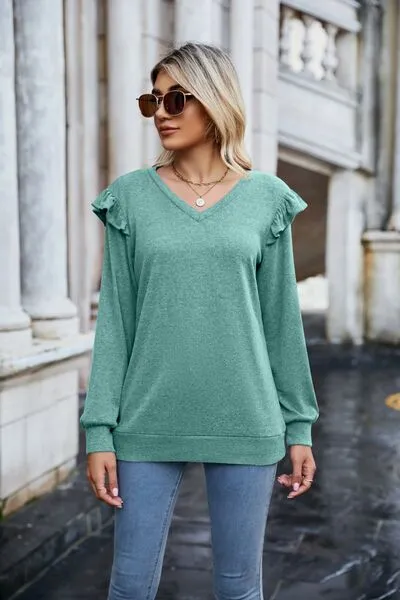 TEEK - Ruffled Shoulder Heathered V-Neck T-Shirt