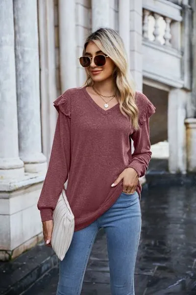 TEEK - Ruffled Shoulder Heathered V-Neck T-Shirt