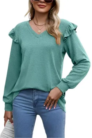 TEEK - Ruffled Shoulder Heathered V-Neck T-Shirt