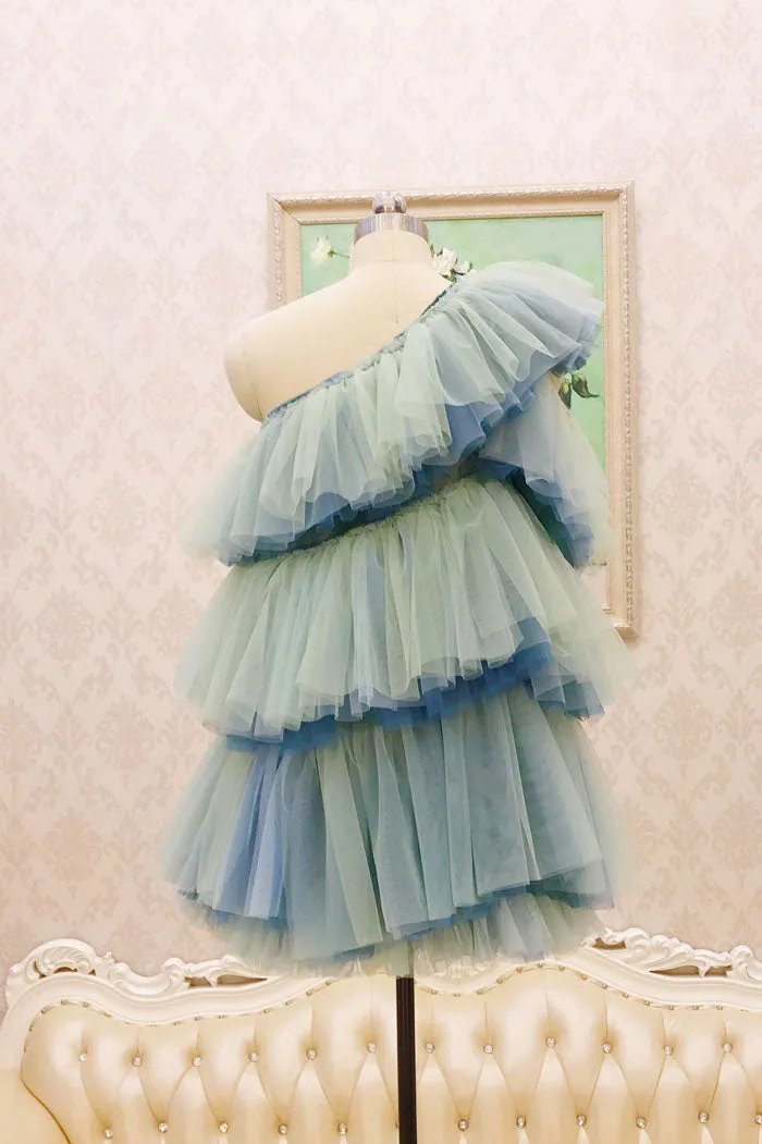 Unique One Shoulder Tulle Homecoming Dress, Short Layers Party Dress UQH0014