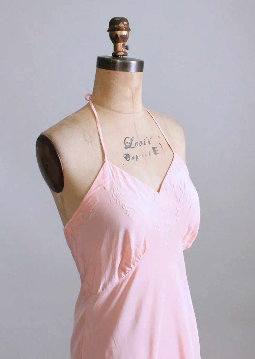 Vintage 1940s Embroidered Peach Rayon Halter Slip Dress