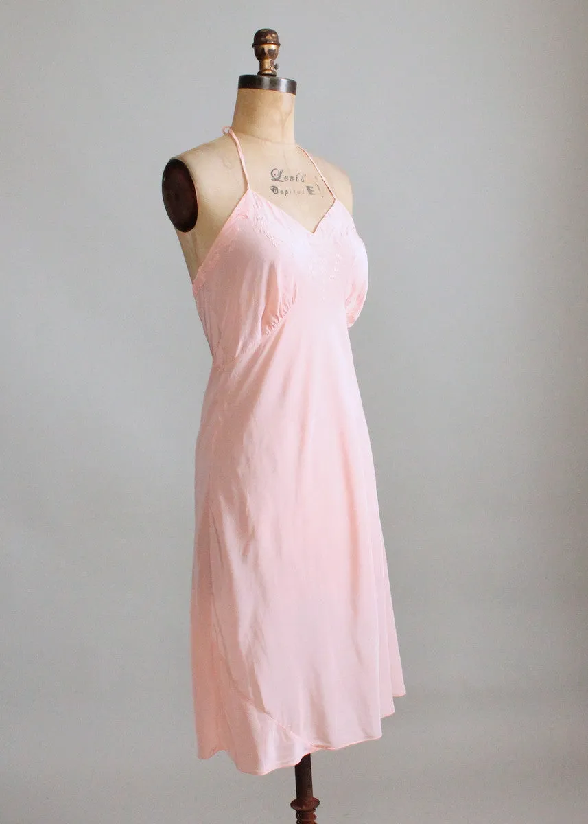 Vintage 1940s Embroidered Peach Rayon Halter Slip Dress