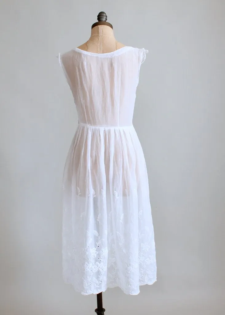 Vintage 1940s White Embroidered Organdy Pinafore Dress