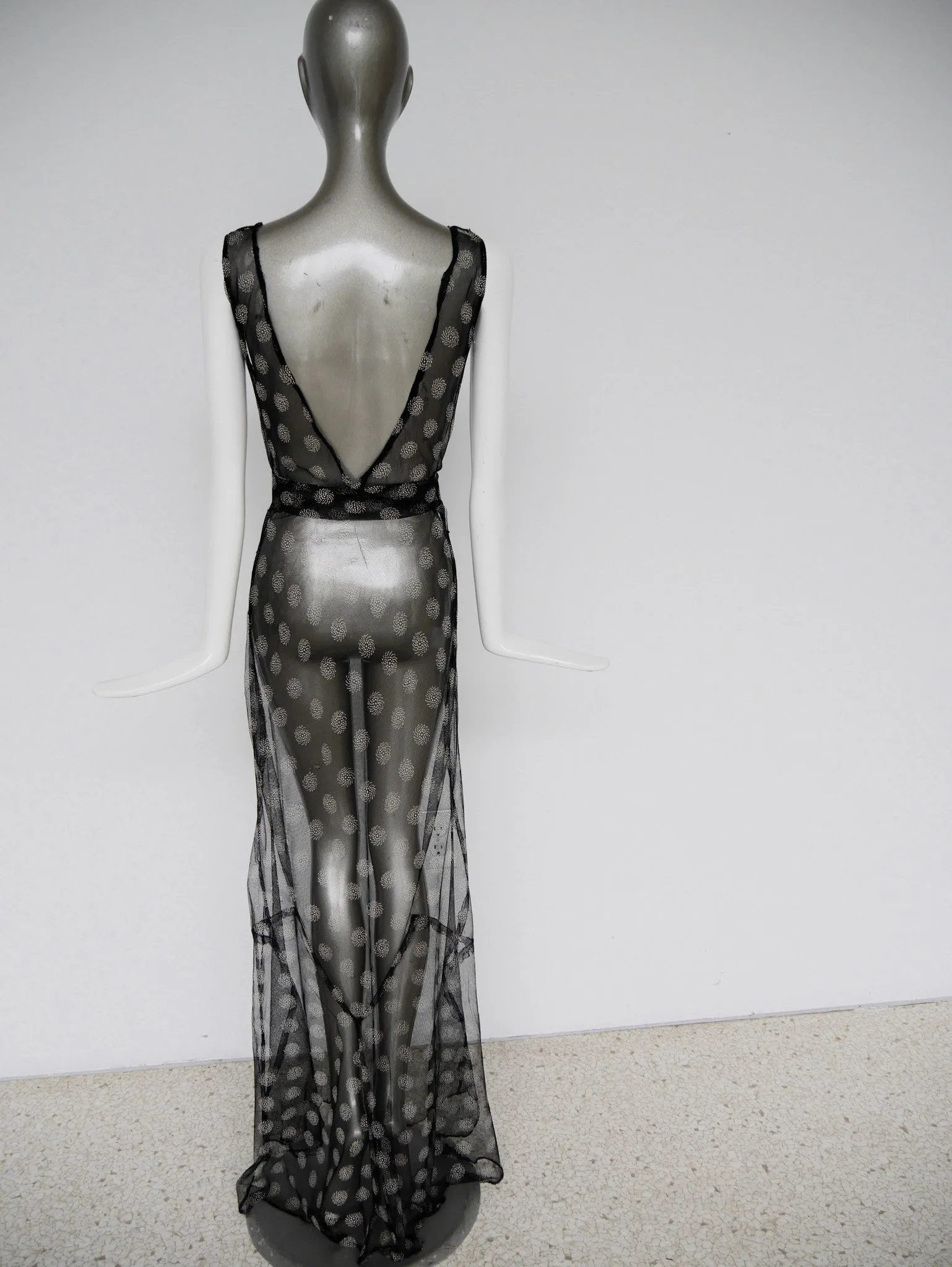 Vintage 30s tull bias cut gown with abstract print design. Sleek Jean Harlow style