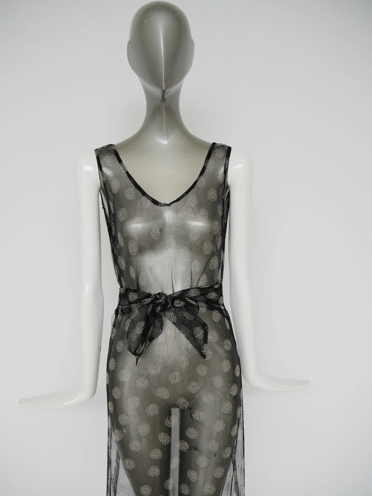 Vintage 30s tull bias cut gown with abstract print design. Sleek Jean Harlow style