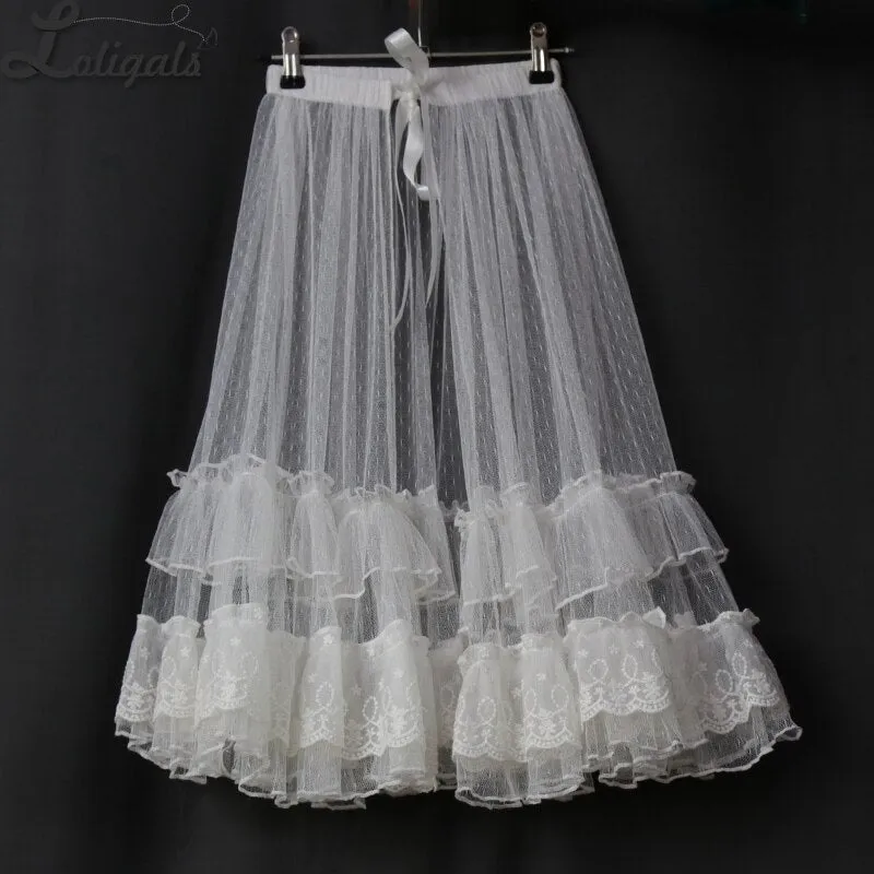 Vintage Lolita Polka Dot Cover-up Skirt Ruffled Waist Curtain Mesh Overlay Skirt