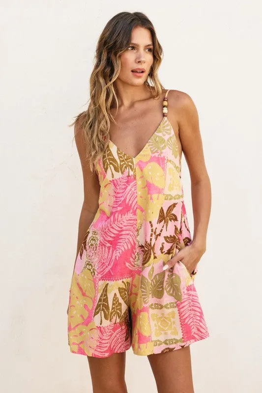 Waitlist 2/5 ♥ Brittany Sleevless Back Tie Tropical Patch Print Romper Pink