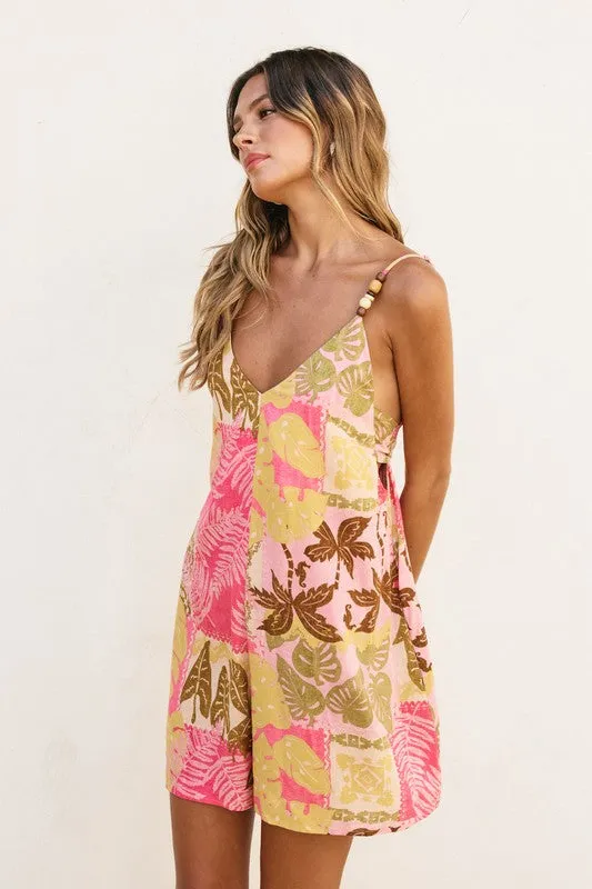 Waitlist 2/5 ♥ Brittany Sleevless Back Tie Tropical Patch Print Romper Pink