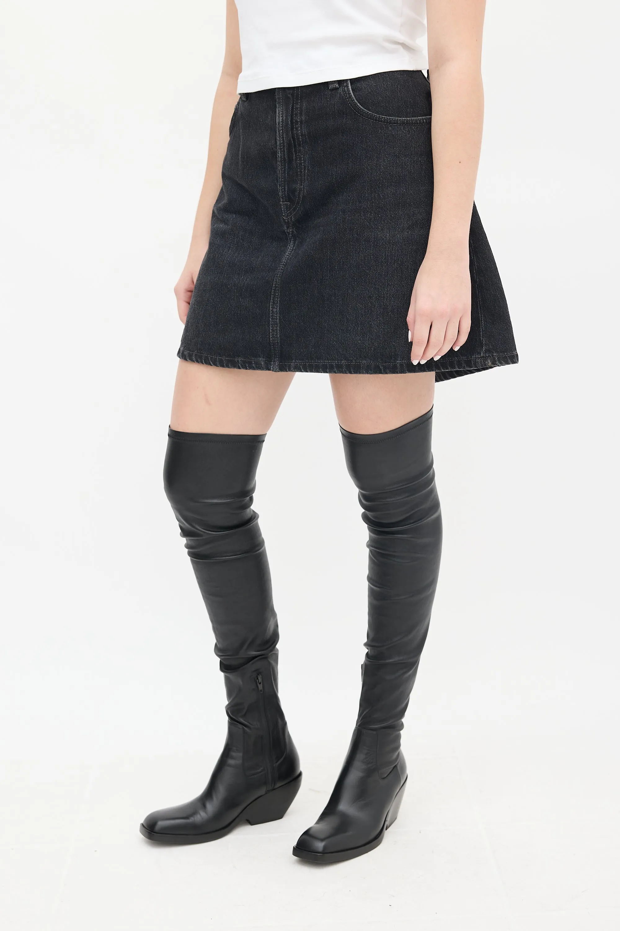 Washed Black Denim A-Line Mini Skirt