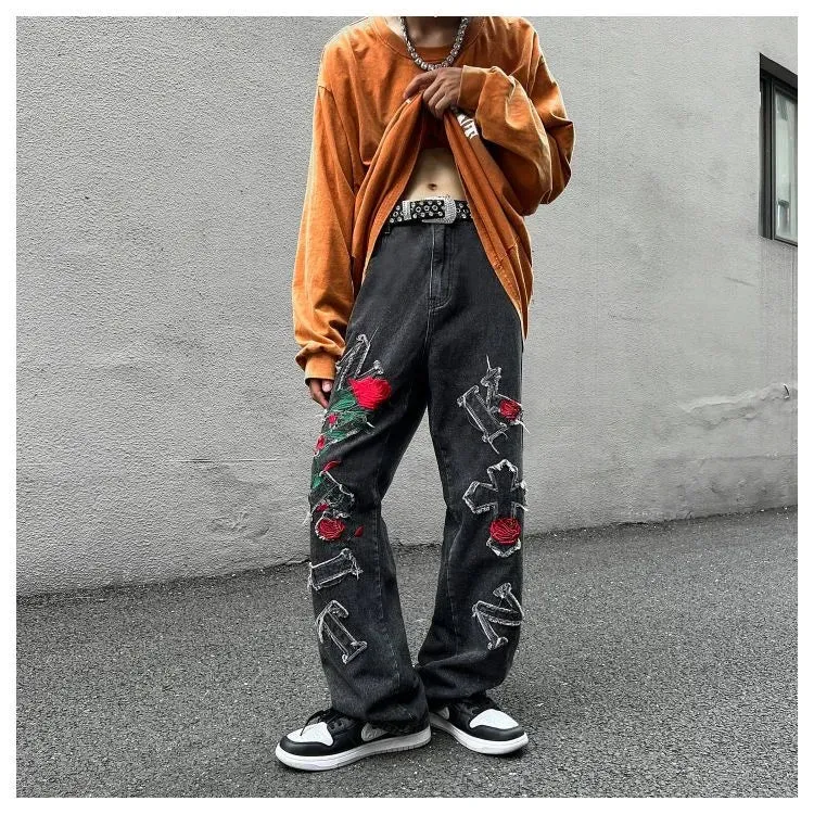 Wiaofellas  -  Men's Jeans Rose Jeans Embroidered Jeans Letter Jeans Fashion Men's Pants Loose Casual Jeans