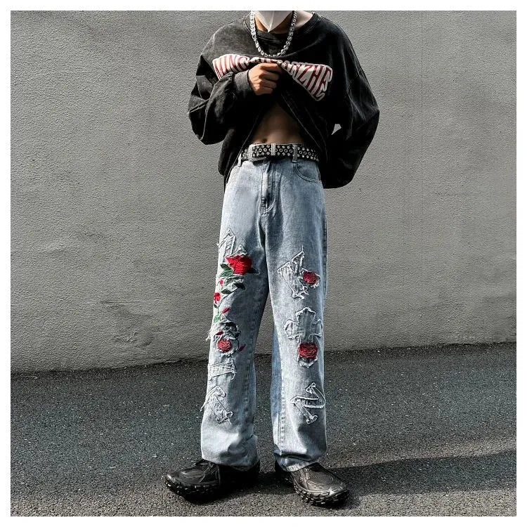 Wiaofellas  -  Men's Jeans Rose Jeans Embroidered Jeans Letter Jeans Fashion Men's Pants Loose Casual Jeans