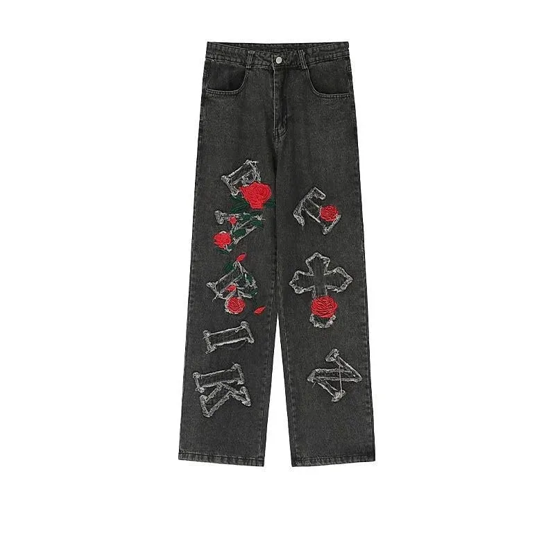 Wiaofellas  -  Men's Jeans Rose Jeans Embroidered Jeans Letter Jeans Fashion Men's Pants Loose Casual Jeans