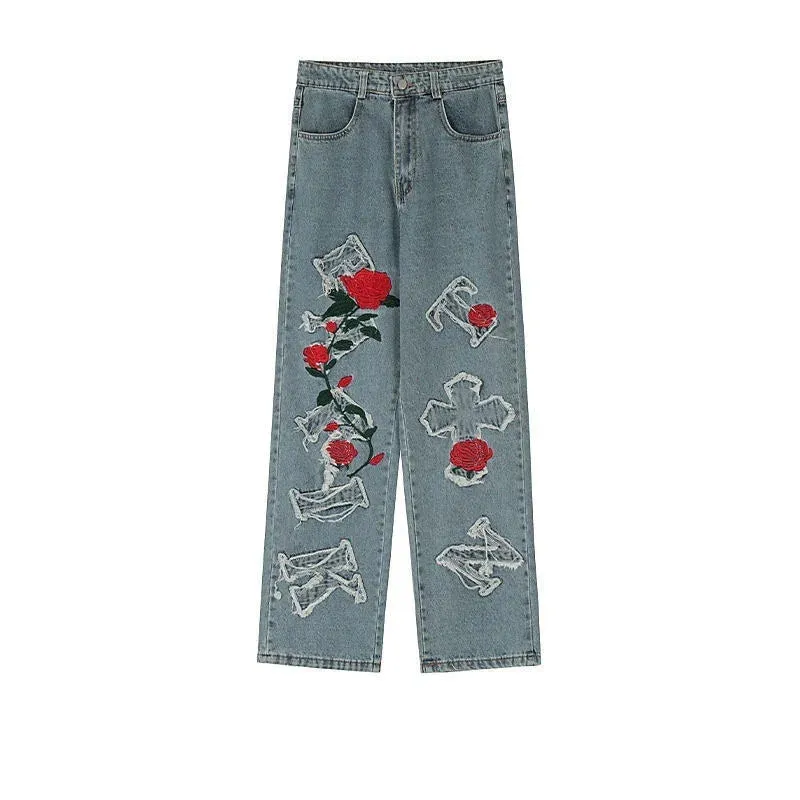 Wiaofellas  -  Men's Jeans Rose Jeans Embroidered Jeans Letter Jeans Fashion Men's Pants Loose Casual Jeans