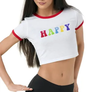 Women Clothing New Happy Letter Graphic Printed Short Slim Fit Short Sleeved T shirt