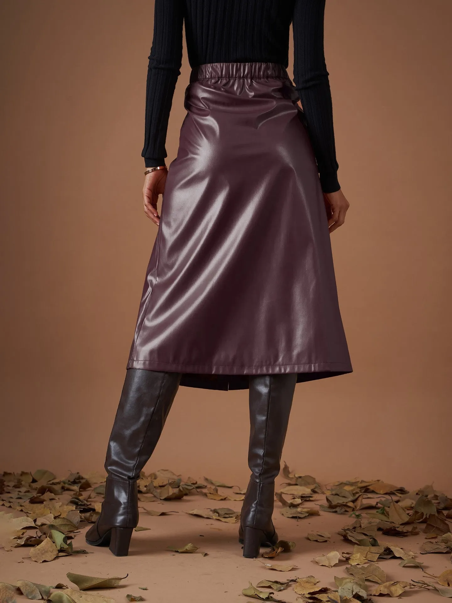 Women Maroon PU A-Line Below Knee Skirt