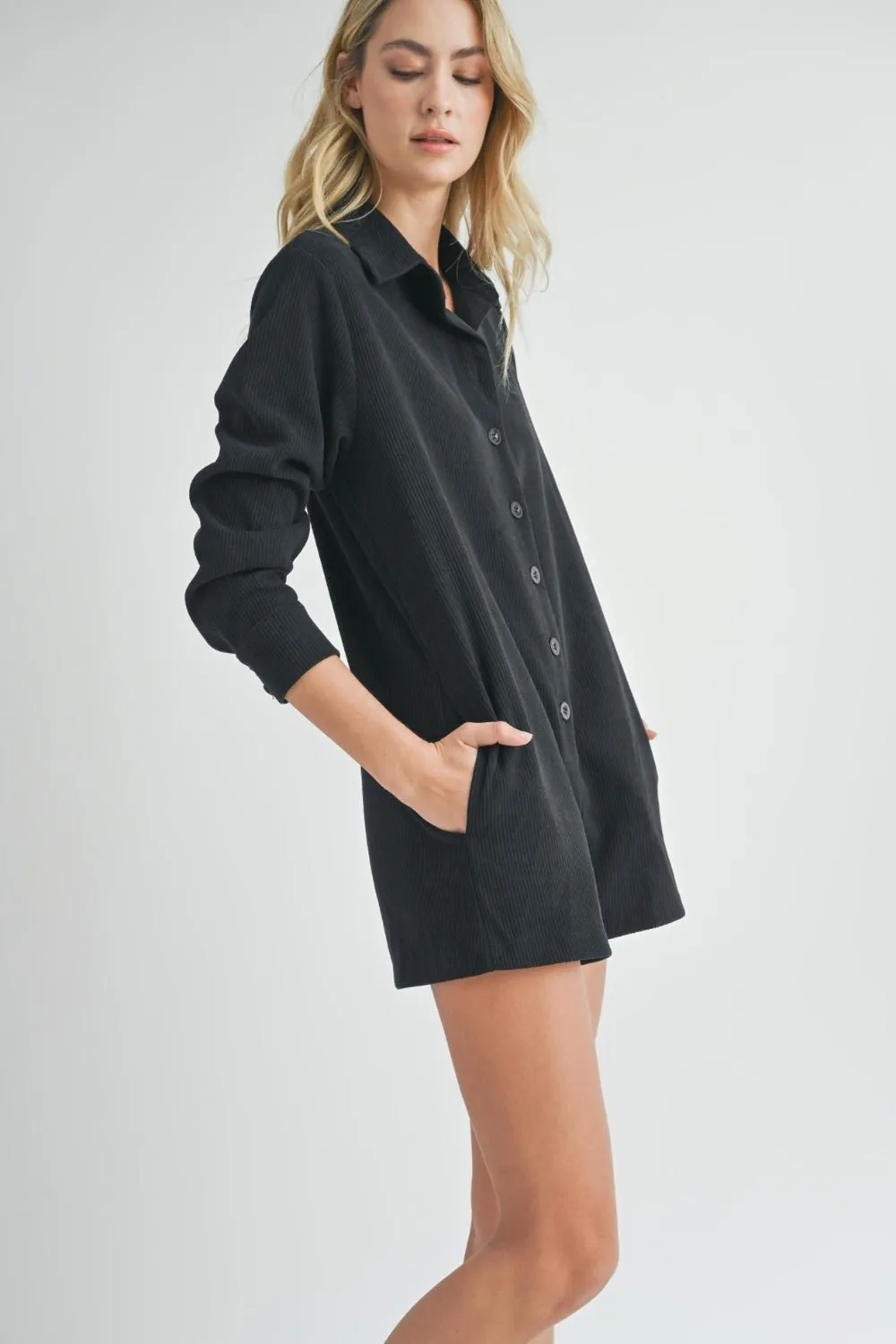 Women's Relaxed Fit Long Sleeve Corduroy Romper One Piece | Black