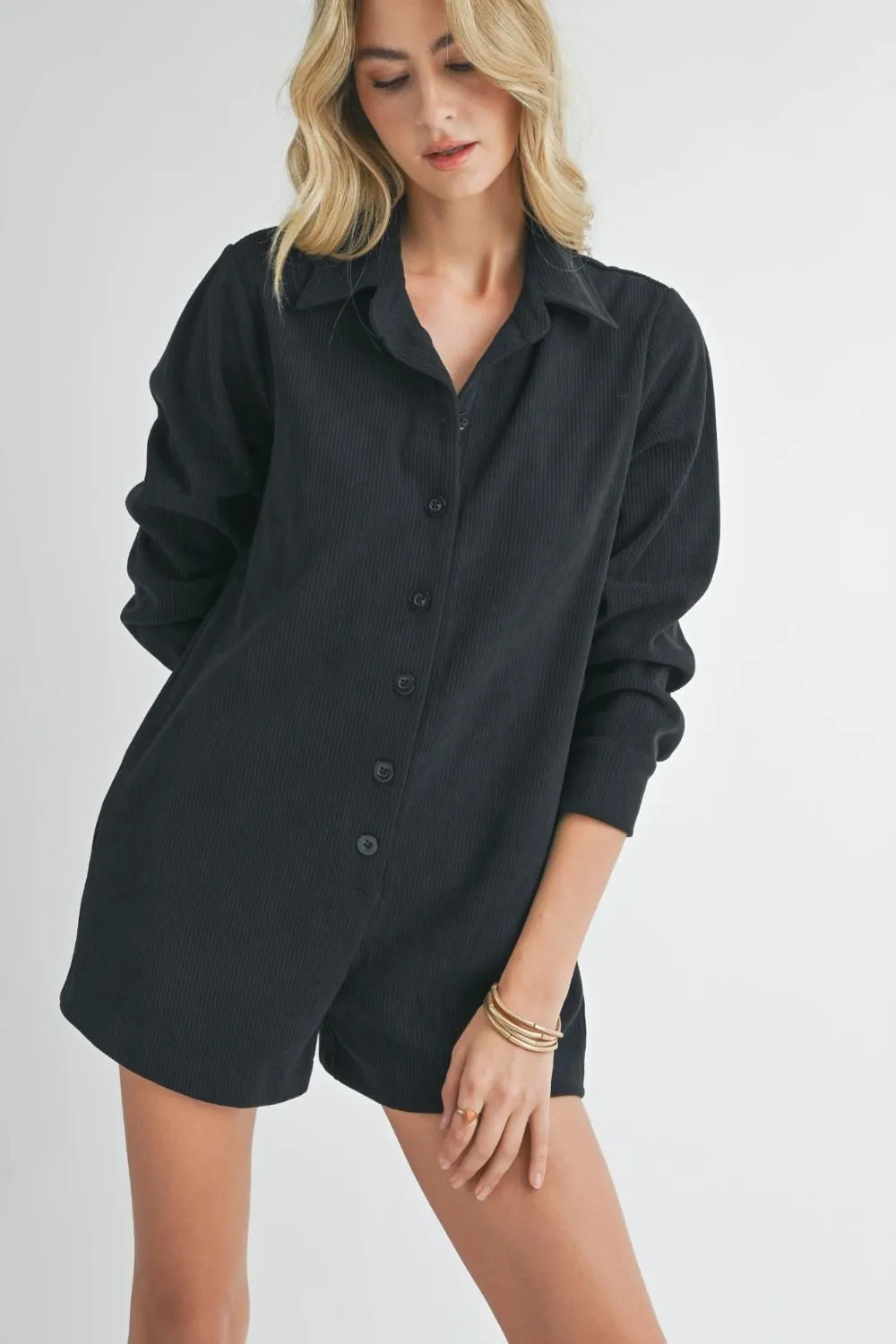 Women's Relaxed Fit Long Sleeve Corduroy Romper One Piece | Black